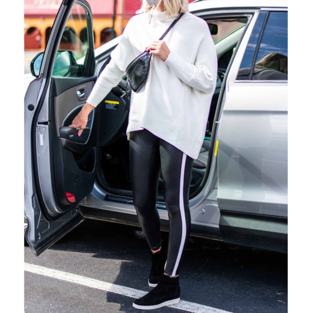 Spanx Black Faux Leather Side Stripe Leggings